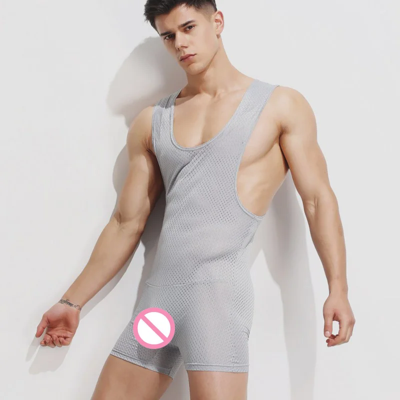 Мужская пикантная дышащая майка цельный сетчатый боди облегающий костюм без
