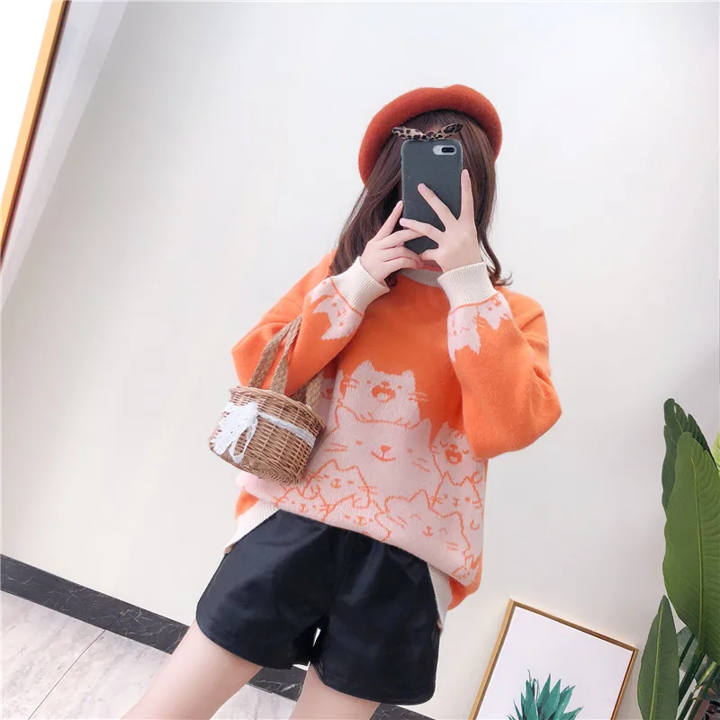 Crowded cats pattern o-neck pullover sweater female S28798-AQ | Женская одежда