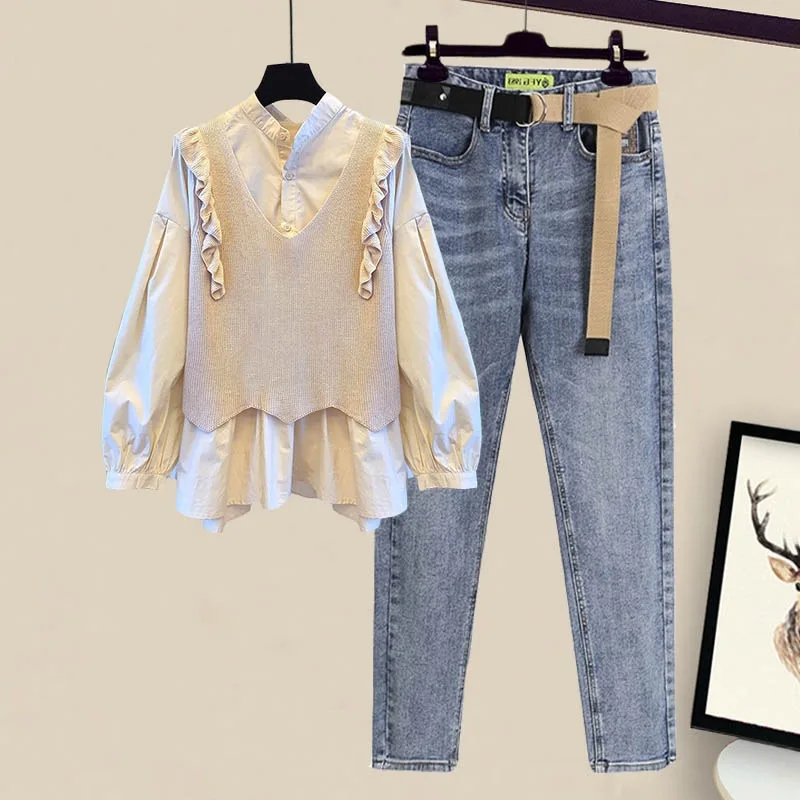 

Women Pants Autumn Traf Korean Lotus Leaf Cotton White Long Sleeved Shirt Jeans Fashion Light Color Casual Suit Y2k Women Jeans
