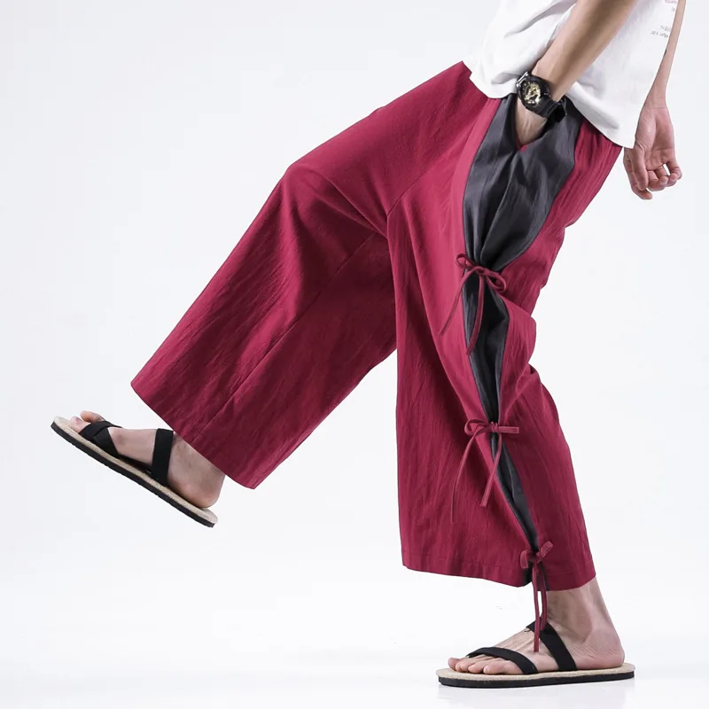 #8089 летнее платье размера плюс хлопковые льняные брюки для мужчин со шнуровкой