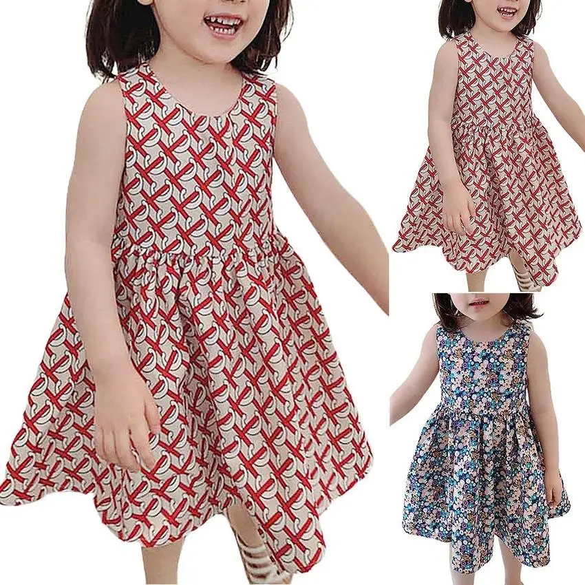 

New Baby Girls Summer Flower Printed Girl Sleeveless Run Neck Dress Kids Backless Vest Knee-Length Dresses