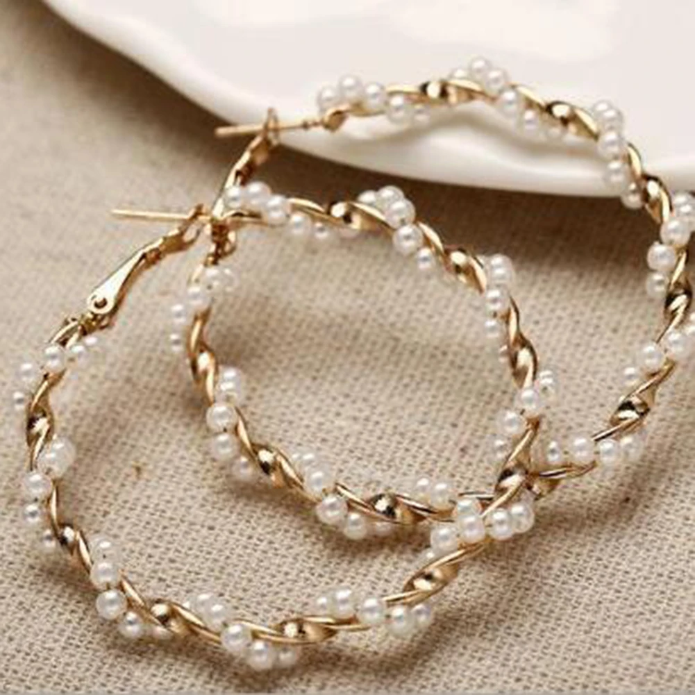 Oversize Pearl Hoop Earrings For Women Girls Unique Twisted Big Circle Earring Popular Statement Fashion Jewelry Loop | Украшения и