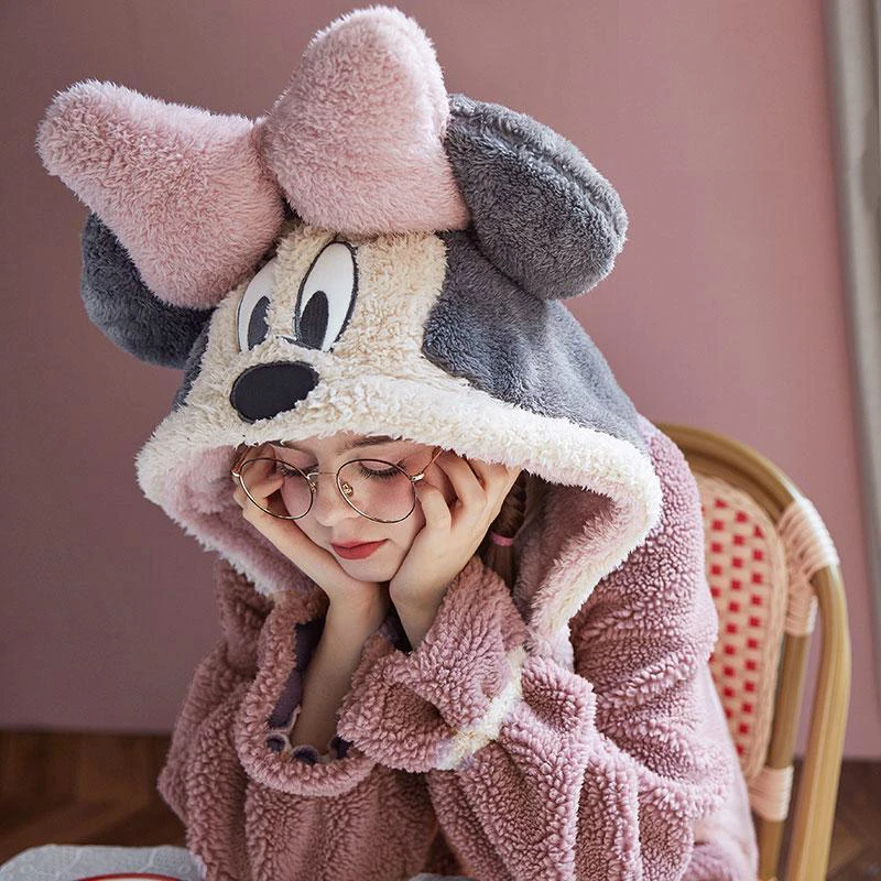 Women's Pajamas Hooded Nightgown Plush Coral Fleece Sleepwear Women Autumn and Winter Home Clothes Cartoon Mouse Thicken Pijama