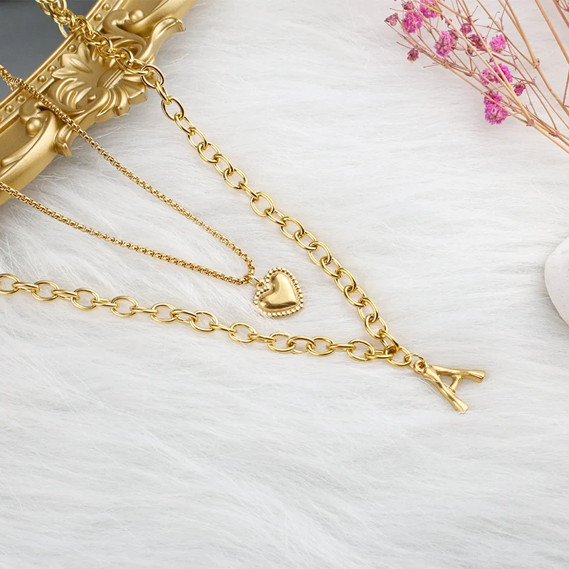 

Layered Necklace Stainless Steel Initial Name Necklace Gold A-Z Letter Heart Pendant Couple Man Girl Jewelry Gift