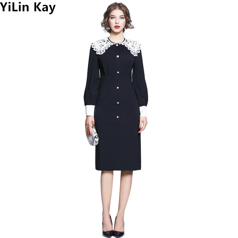 Женское подиумное платье с кружевом облегающее вечернее в стиле пэчворк осень