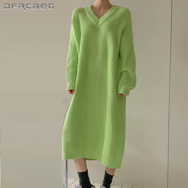 

Oversized Winter Thicken Sweater Maxi Dress For Women 2021 Fashion Sexy V-Neck Casual Loose Robe Knitted Dresses Vestidos Green