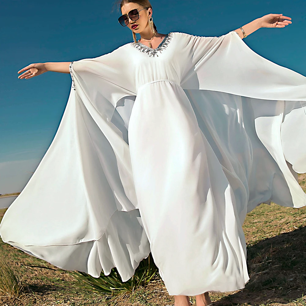 

Белый кафтан Рамадан, абайя, Дубай, Пакистан, Турция, ислам, мусульманское вечернее платье, длинное женское Африканское платье для женщин, ка...