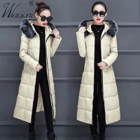 long hooded slim winter coats women elegant faux fur collar parkas snow wear warm quilted jackets korean zip windproof overcoat