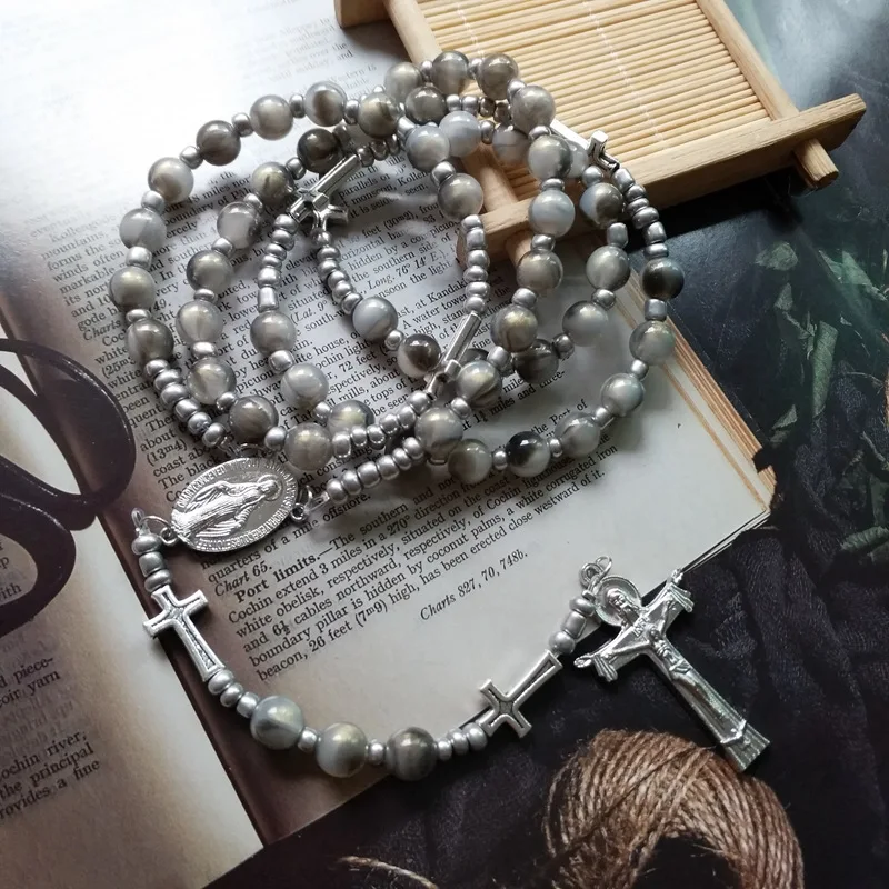 

QIGO Vintage Gray Strand Necklace Jesus Cross Pendant The Rosaries Religious Prayer Jewelry