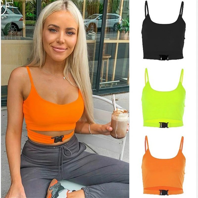 

2021 Summer New Fashion Women Sexy Sling Personalized Buckle Straps Crop Tops Tank Summer Casual Sleeveless Short Vest Clubwear