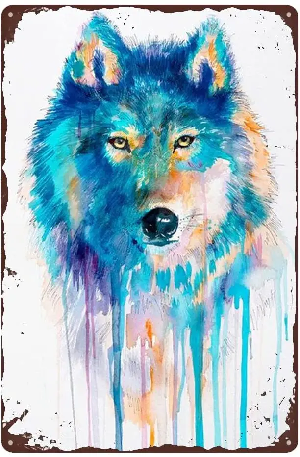 

Винтажный волк оловянный знак волк акварель Новинка металлический знак Настенный декор 12x8 дюймов