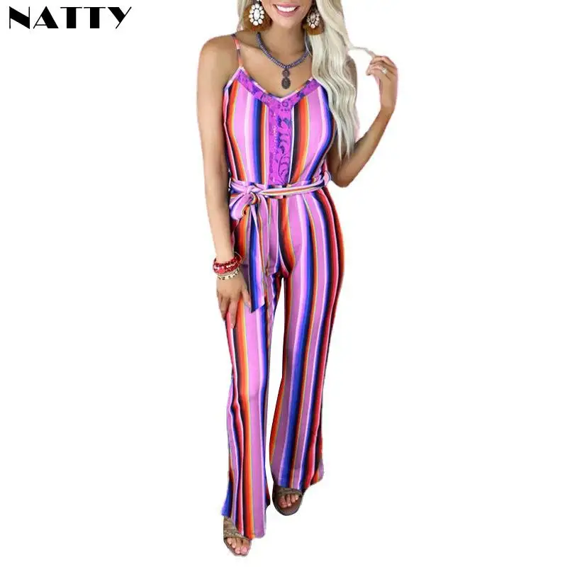 

Летние женские повседневные Комбинезоны без рукавов с V-образным вырезом, Женское боди в полоску, свободные длинные брюки с широкими штанин...