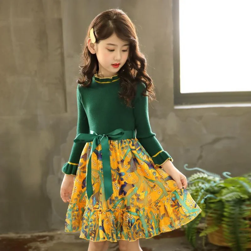 New Sweet Baby Girls Cute Sweater Dress Spring Autumn Girl Party Princess For Kids Flowers Long Sleeve 4-13 Year | Детская одежда и