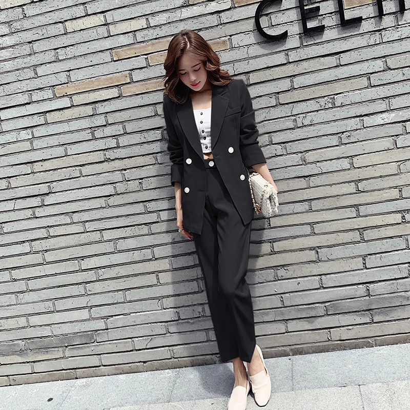 

Vintage Autumn Winter Spring Women Pant Suit Notched Blazer Jacket & Pant 2020 Office Wear Women Suits Female Sets