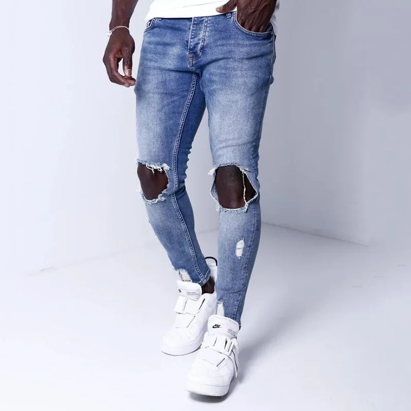 

New Fashion Mens Jeans Knee Hole Light Blue Denim Trousers Jeans Male Pencil Pant