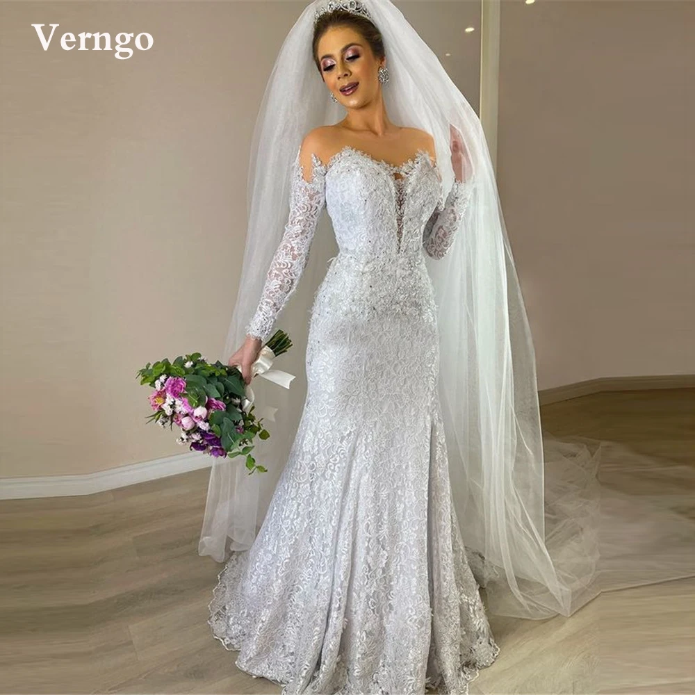 

Verngo Modest White Lace Applique Beads Mermaid Wedding Dress Long Sleeves Sheer Jewel Neck Buttons Saudi Arabic Bridal Gowns