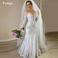 verngo modest white lace applique beads mermaid wedding dress long sleeves sheer jewel neck buttons saudi arabic bridal gowns