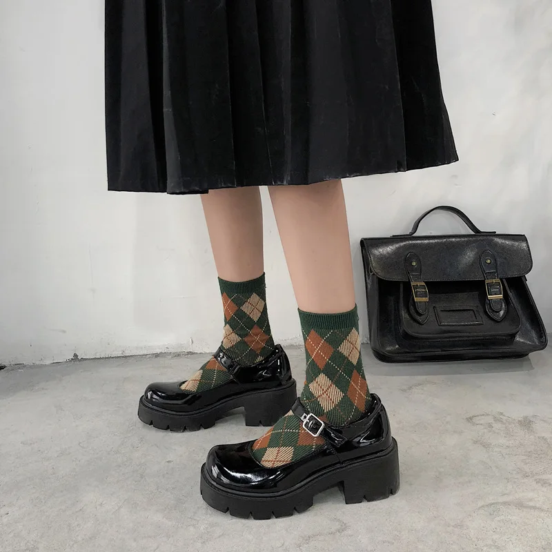 

Wedges Leather shoes women spring Mary Jane shoes women's Black Round Toe high heels retro platform Punk shoes Lady Pumps B539