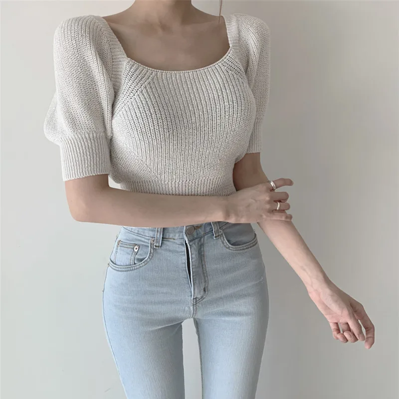 

Elegant Back Lace-up Knotbow Knitted Top Women Temperament Sexy Square Collar Puff Sleeve T Shirt Casual Summer Woman Tshirt