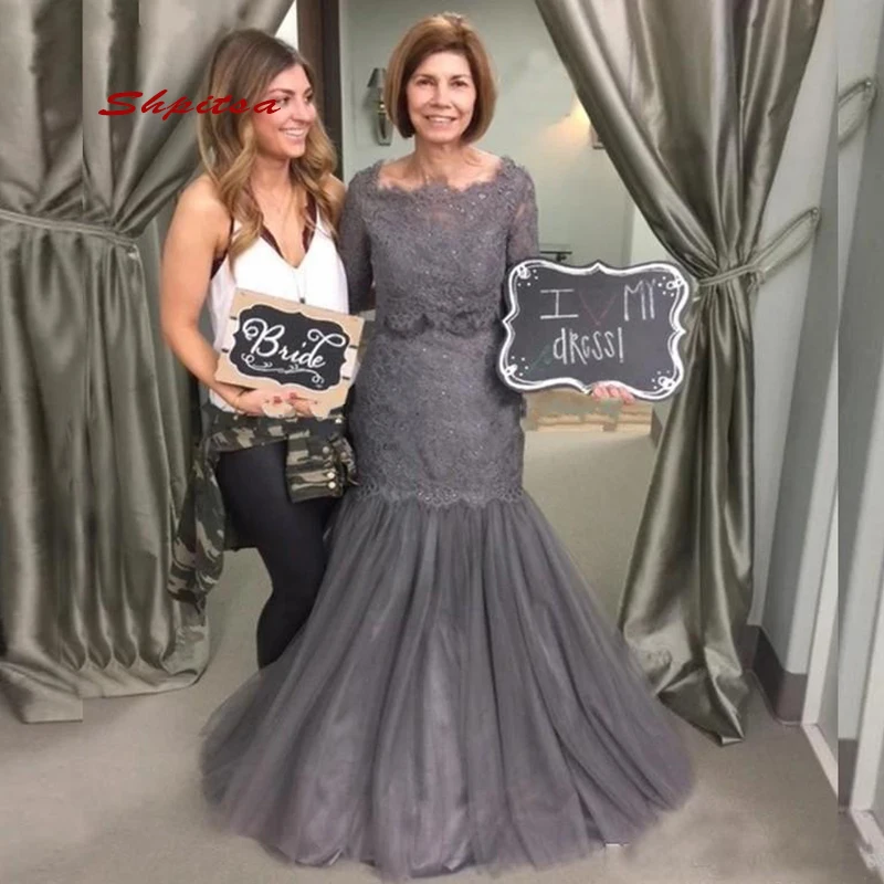 Серое кружевное платье Русалка для матери невесты женское свадебное с жакетом
