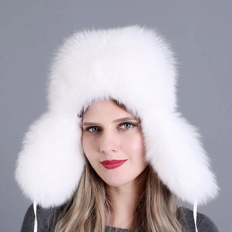 

Russian Fur Bomber Hats Bonnets For Women Winter Warm Fluffy Luxury Fox Fur Earflap Ushanka Aviator Trapper Snow Ski Hat Fur Cap