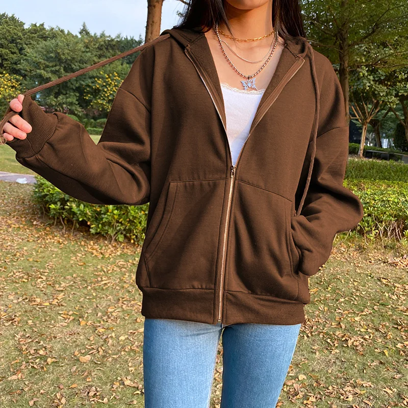 

Plus size Pullovers Hoodies Women Brown Blue Zip Up Sweatshirt Summer Jacket oversize Clothes Vintage Pockets Tops