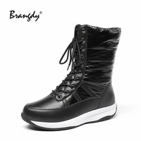 brangdy winter women mid calf snow boots microfiber round toe women shoes waterproof women winter boots with warm fur lace up