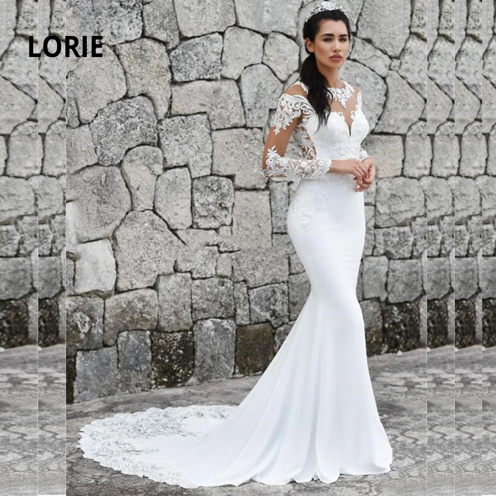 

LORIE Long Sleeve Mermaid Wedding Dresses Turkey 2020 Back illusion Lace Appliqued Soft Satin Bride Gowns Vintage Plus Size