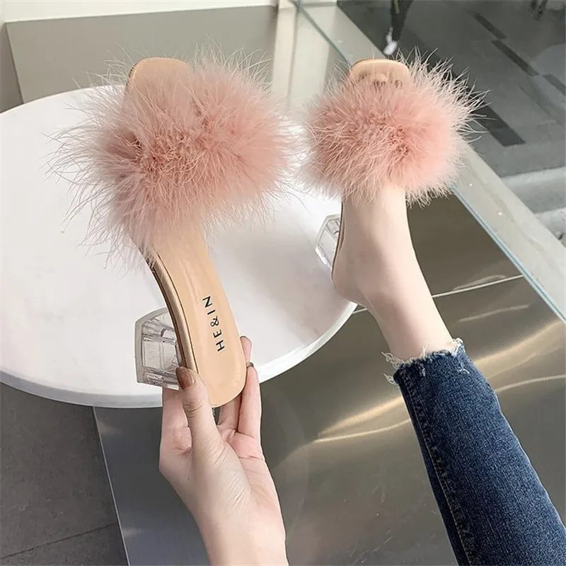 Chaussure Femme 2021 Female Sandals Sexy Autumn Slippers Ladies High Heels Square Open Toe Slides Party Shoes Zapatillas Mujer