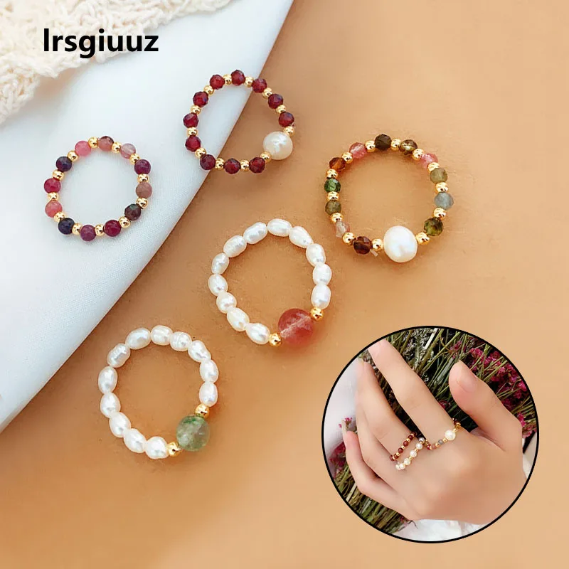 

Net Red Live Broadcast Pearl Powder Tourmaline Garnet Ring Women's Crystal Bead Ring Simple Fashion Street Clapping Accessories