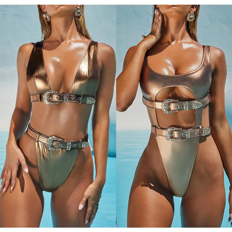 2020 летний сексуальный купальник из искусственной кожи золотистого цвета женский