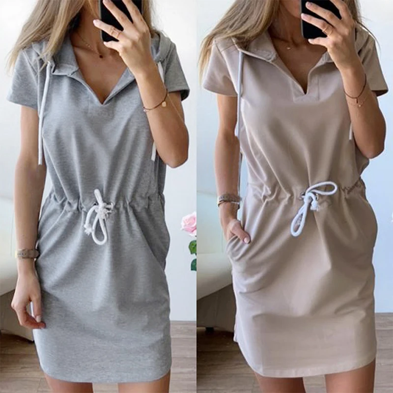 Платье женское с коротким рукавом модная повседневная Однотонная рубашка поясом