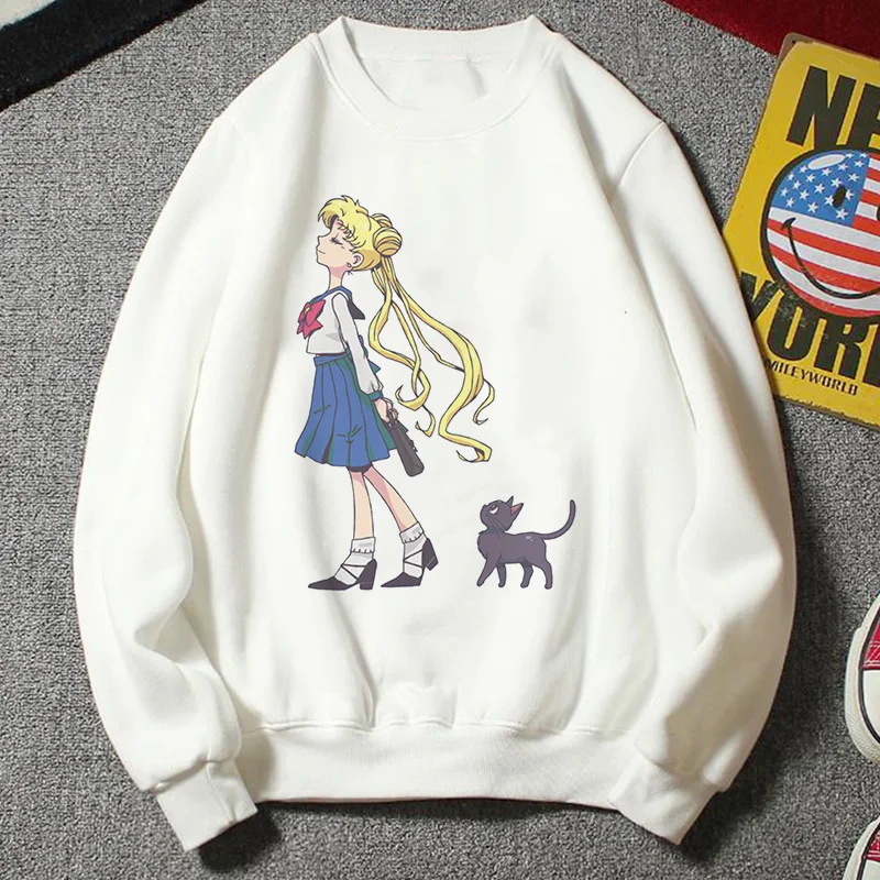 Новая толстовка женская Kawaii Мода плюс размер повседневная одежда Harajuku Мультфильм Ulzzang стиль Сейлор Мун Толстовка забавная половина Толстовка