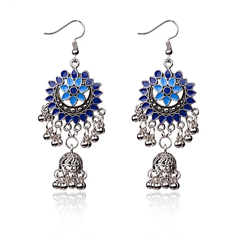 2020 индийские цыганские синие серьги Jhumka с цветком для женщин античные серебряные
