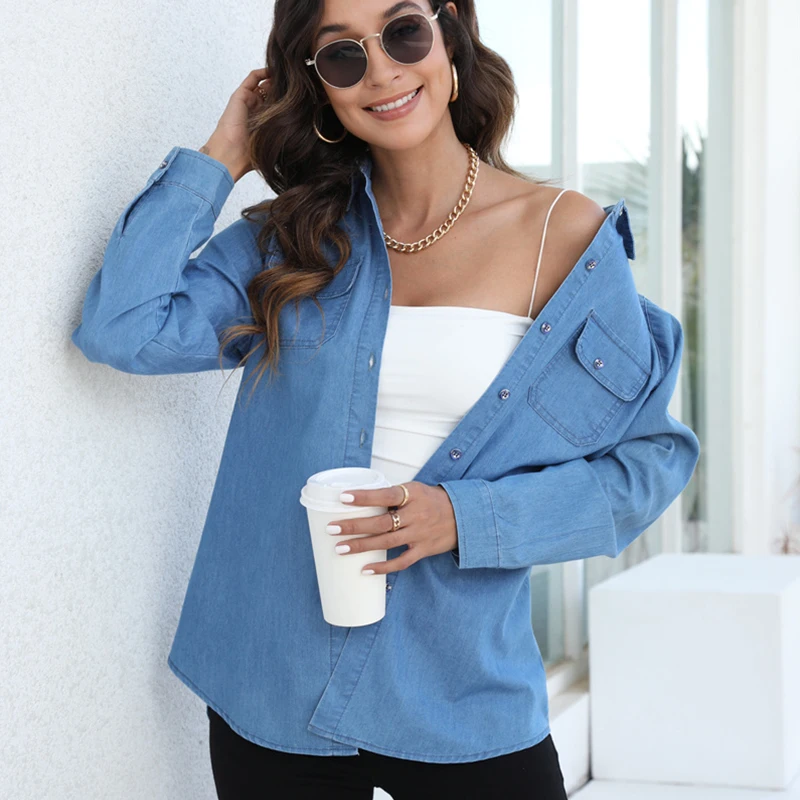 

Fashion Commute Shirts Cowgirl 2021 Single Breasted Slim Long Sleeve Women Blouses Vintage Elegant Office Lady Denim Tops CY0114