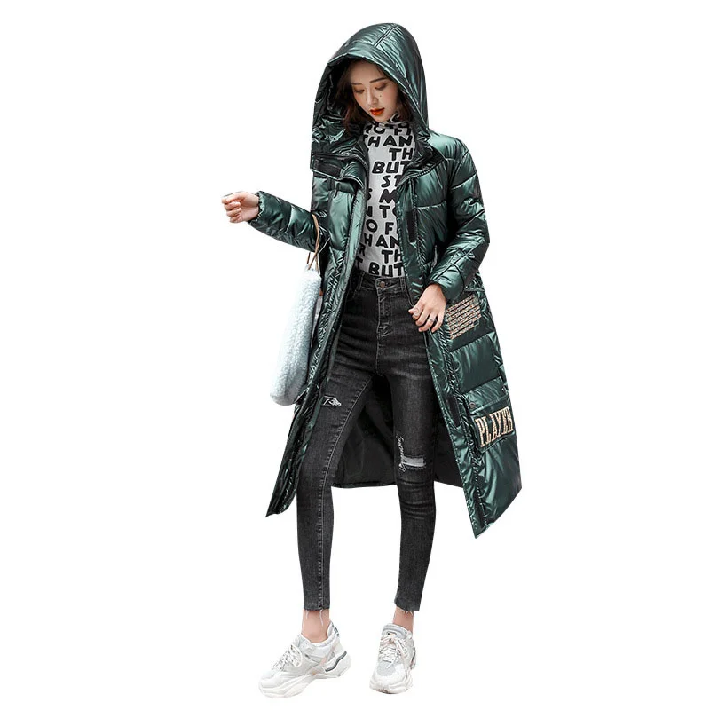 

SHZQ Elegant Winter Ladies Down Cotton Jacket Large Size Loose Slim Shiny Long Coat Women Fashion All-match Thick Warm Jackets G