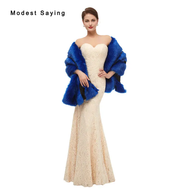 Свадебные накидки из искусственного меха Королевского синего цвета шали для