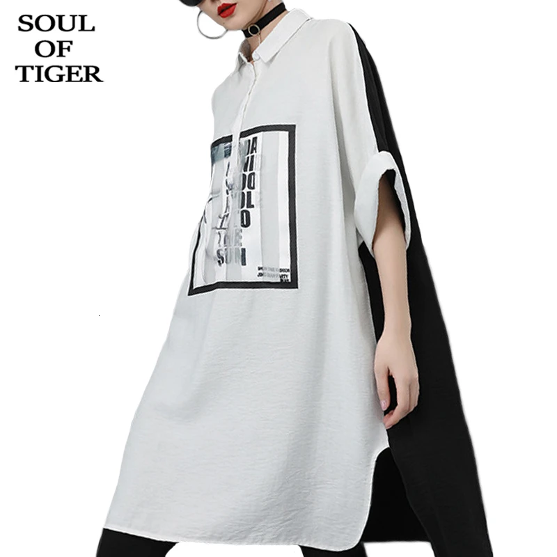 SOUL OF TIGER 2019 Autumn Korean Fashion Brand Ladies Tops And Blouses Womens Printed Punk Long Shirts Casual Oversized Blusas