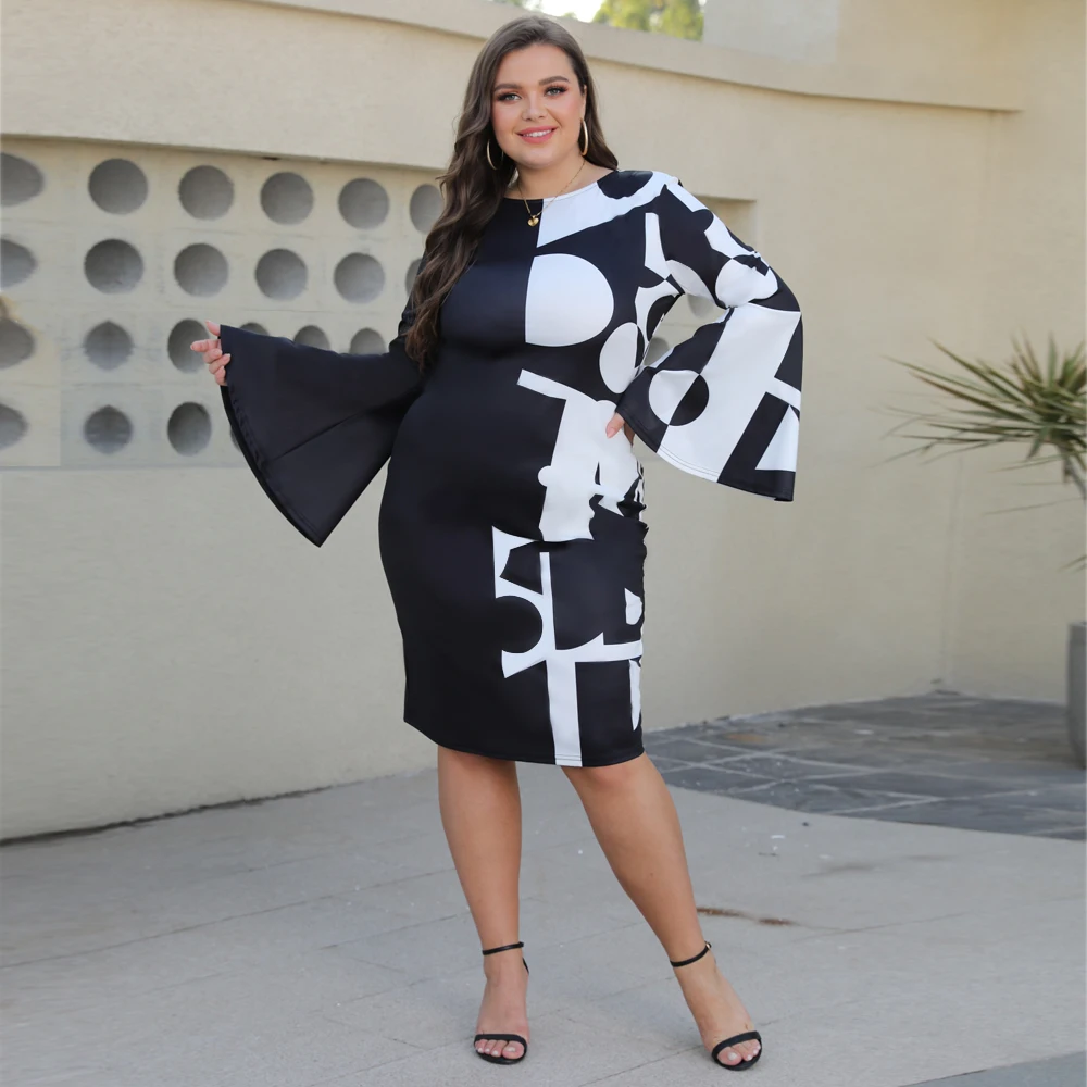 Elegant Dress Plus Size 2022 Geometric Print New Year Evening Party Dress Autumn Winter Flare Sleeve Christmas Club Outfits 5XL