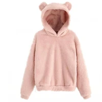 autumn and winer women solid color fluffy hoodies sweatshirt cute bear ear cap long sleeve short warm sweater