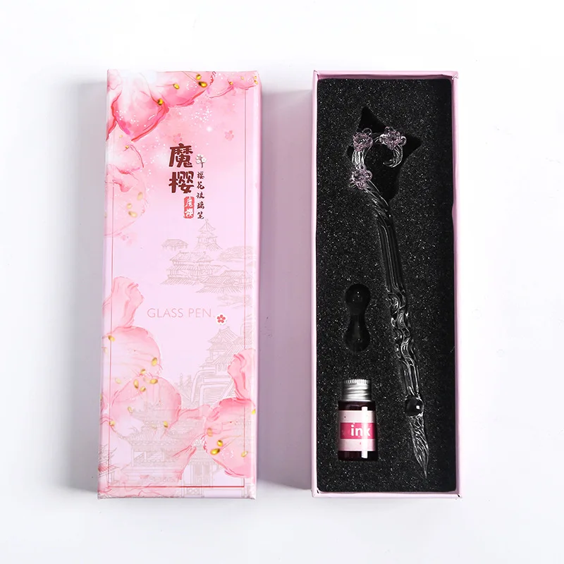 

Creative Cherry Blossom Glass Pen Color Crystal Squirt Pen Set Fountain Pen Transparent Art Supplies Ink Pens for Writing Gift