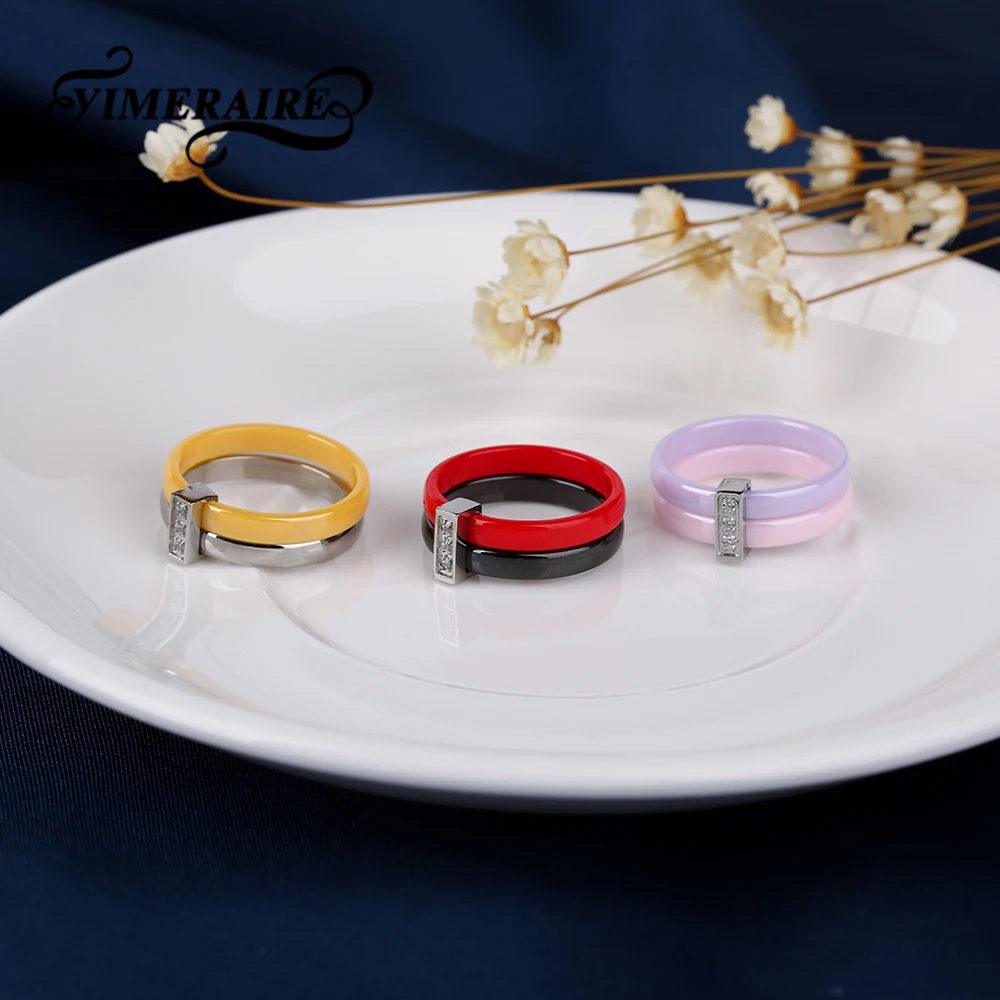 Разноцветное керамическое кольцо двойной круг с кристаллом из нержавеющей стали