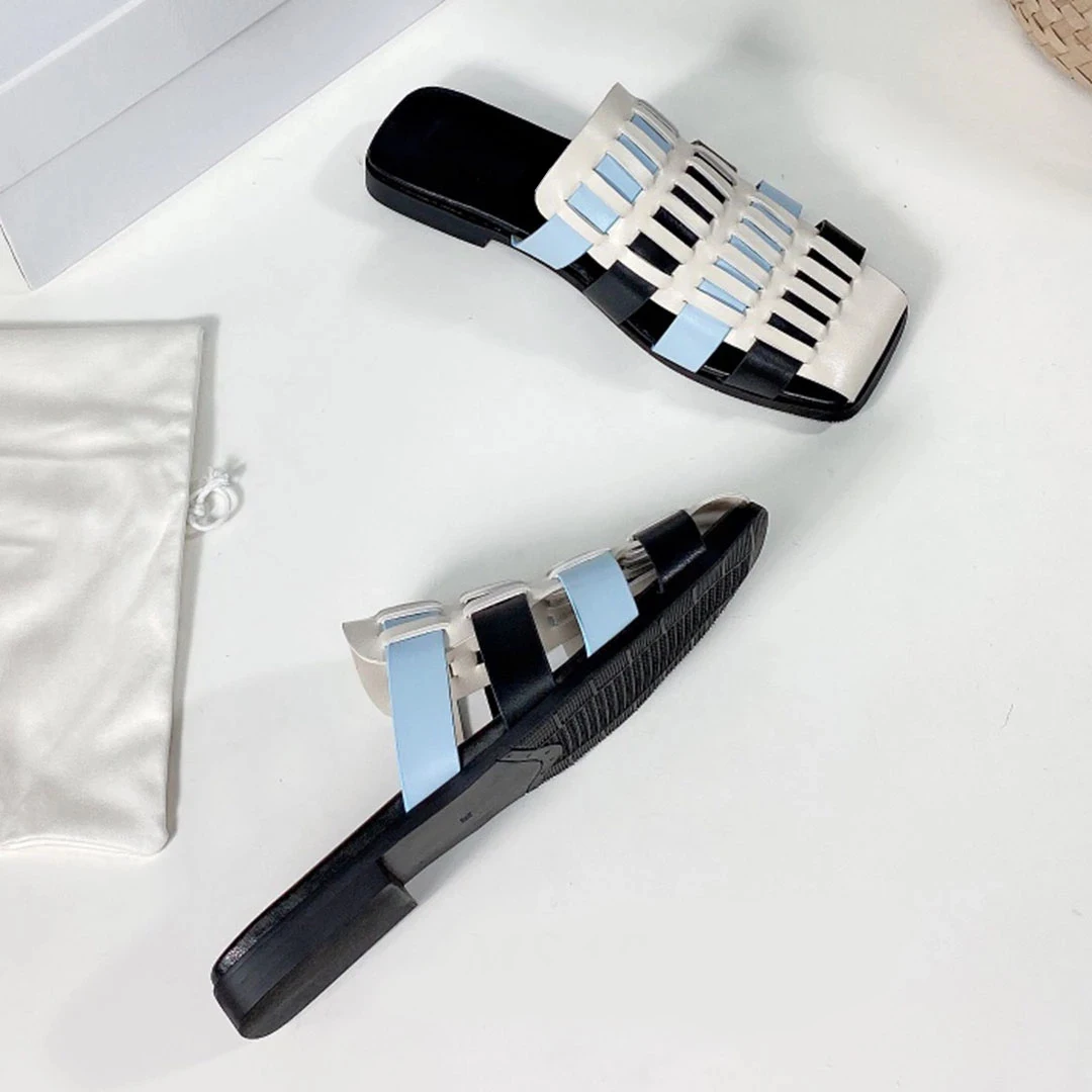 

Summer Square Toe Flat Half Slippers 2021 New Soft Leather Mixed Color Woven Hollow Casual Fairy All-match Sandals and Slippers