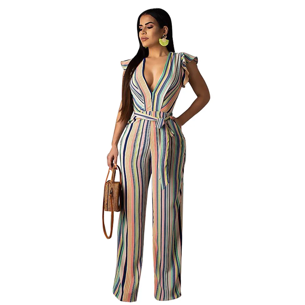 

10YT3107 Summer new hot selling fashion casual Street women's striped hollow ear sleeve Jumpsuit women clothes