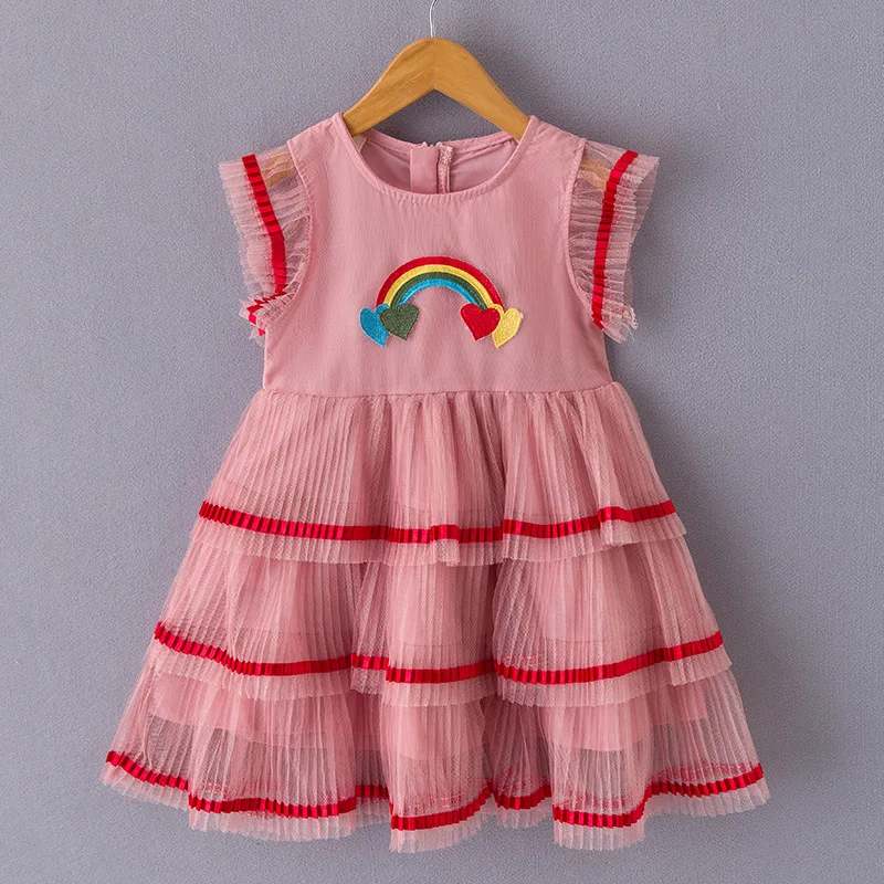 Pink Princess Girl Dress Rainbow Lace Flying Sleeve Kids Party Children Clothing 2020 New Teen Girls Clothes Dresses | Детская одежда и