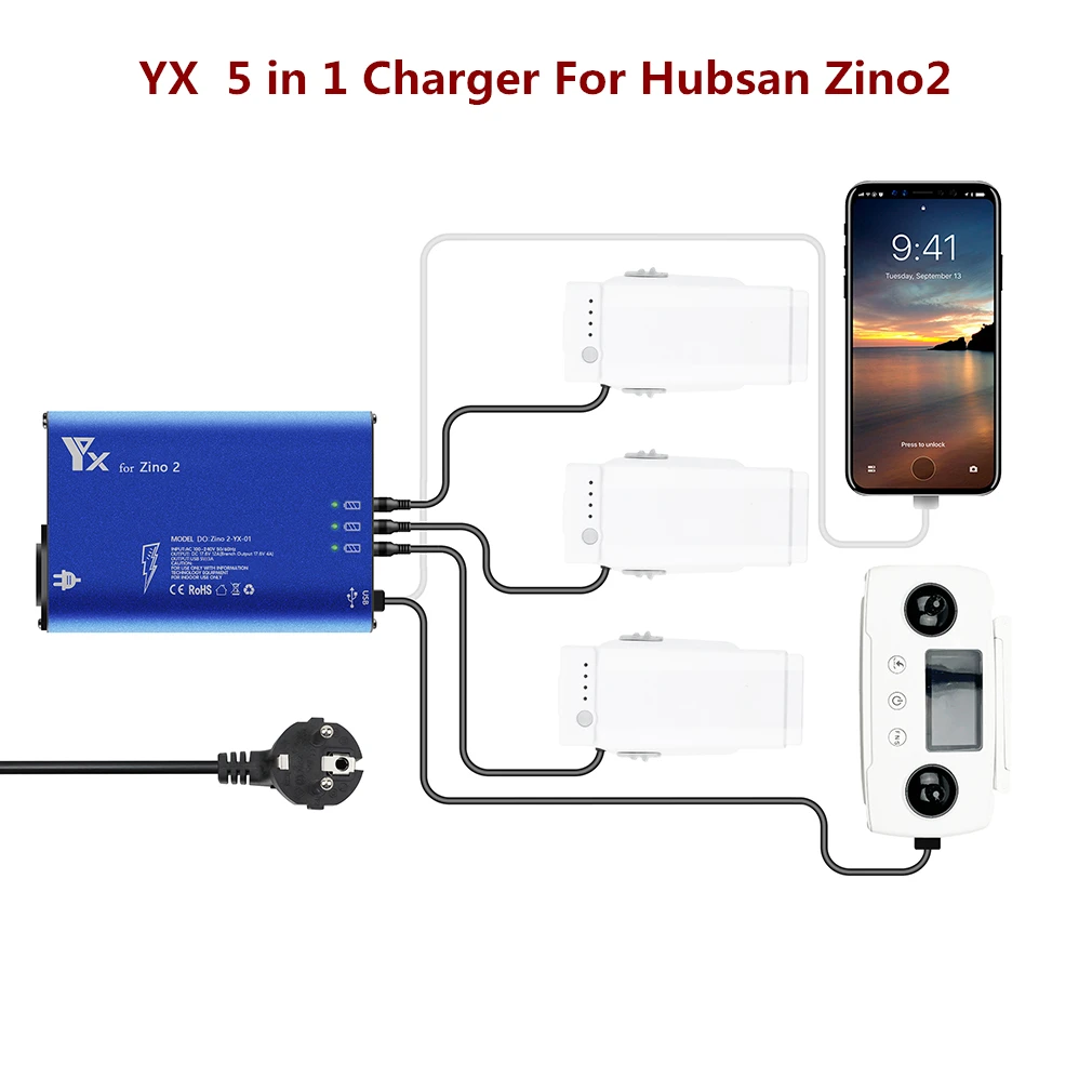 

Зарядное устройство Hubsan Zino2, 5 в 1, 3-сторонняя зарядка аккумулятора, USB, 2-портовый пульт дистанционного управления для телефона, планшета, зар...