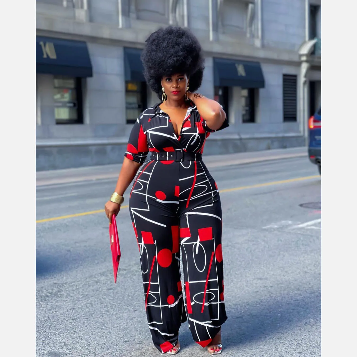 Perl Vintage Printed V-neck Jumpsuit Wide Leg Full Sleeve Rompers Casual Fashion Overalls Plus Size Women's Clothing 3XL 4XL