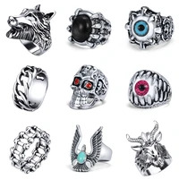 zs 14 styles punk rock roll wolf head finger ring with cz for men devil eyeball stone grid gothic rings christmas gift jewellery