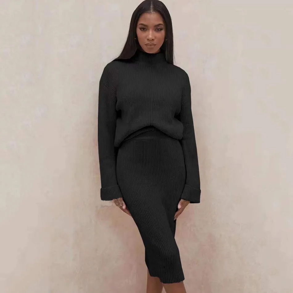 

High Quality Autumn And Winter Women'S Bodycon Knitted 2 Two-Piece Suit Sexy Turtleneck Sweater And High Waist Skirt Fashion Set
