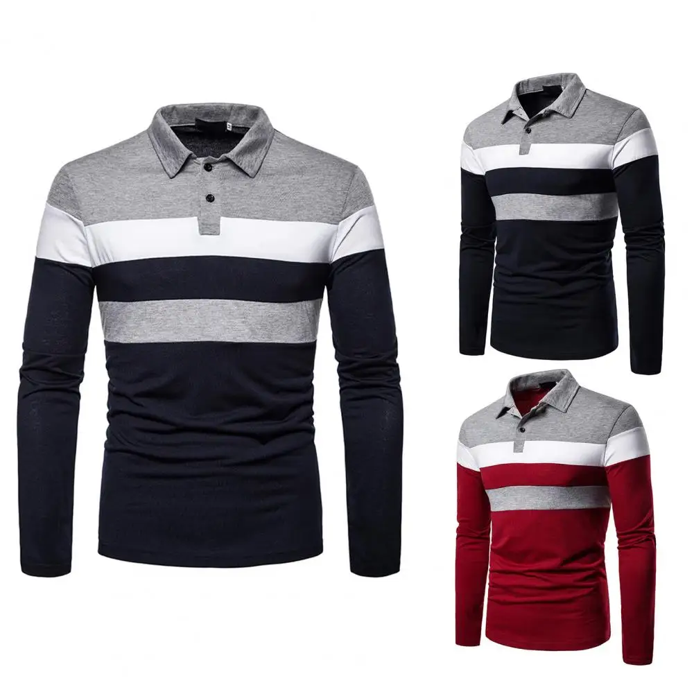 

Long Sleeve Trendy Breathable Polo Shirt Colorfast Men Shirt Contrast Colors for Daily Wear